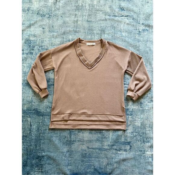 Altar'd State Ada Taupe Tan Oversized Relaxed Fit Ribbed Boxy Long Sleeve Top XS - Picture 1 of 5